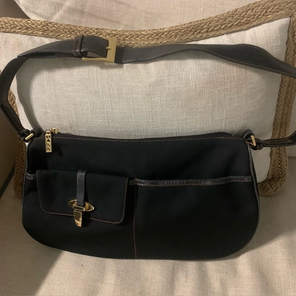 Maxx New York Handbags - Maxx New York Handbag Medium Black Fabric/Leather Strap Trim Gold Hardware